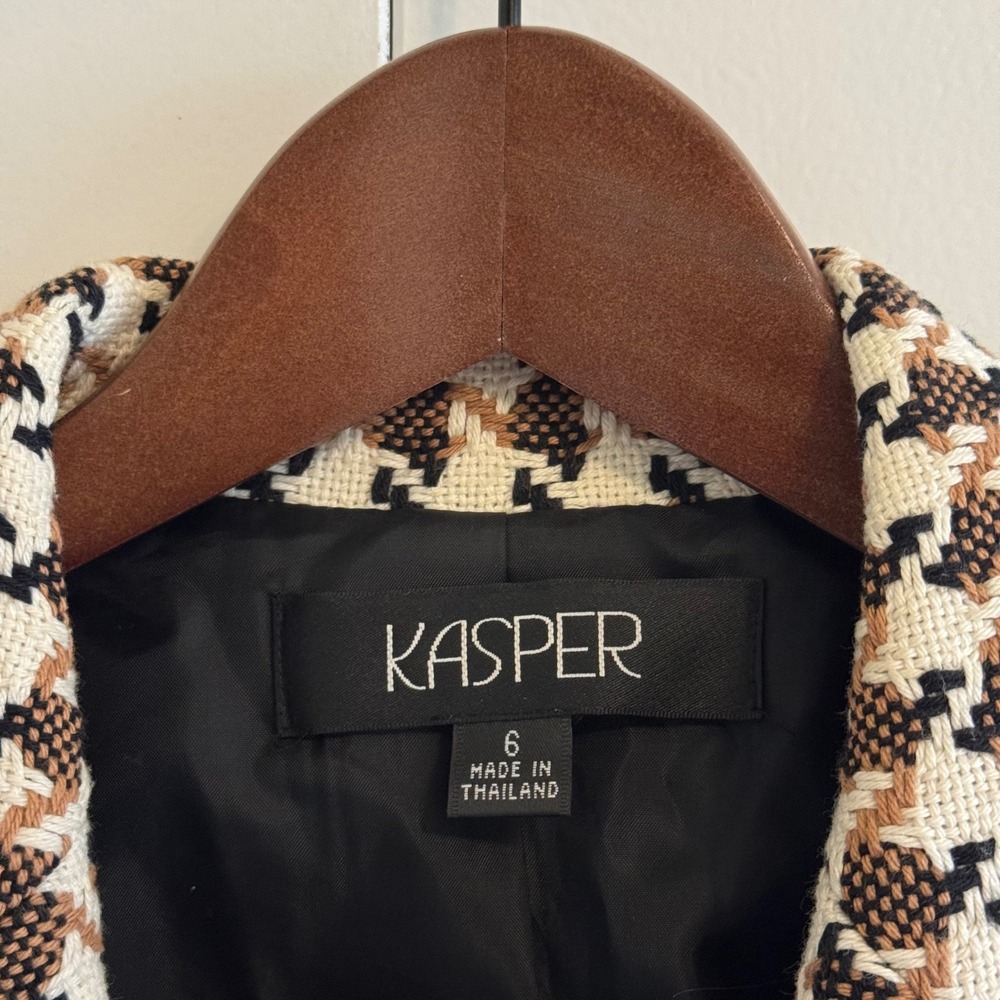 Kasper Womens Houndstooth Blazer Jacket Tan Black Cream Size 6 Open Front Cotton - Picture 2 of 8